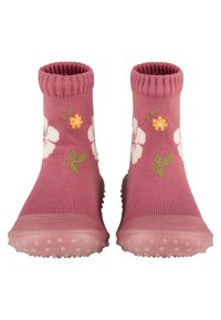 Rosa strukturierte Knöchelstiefel mit geripptem Schaft, verziert mit floraler Stickerei in Weiß, Gelb und Grün, und einer Gummisohle mit Grip-Punkten.