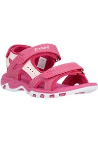Rosa sandaler med justerbara remmar, vadderad insida, nätutskärningar och en vit sula med texturerade accenter. Lämpliga för aktiv träning.