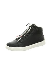 Schwarze High-Top-Sneaker mit Kunstfellfutter, Schnürdesign, texturiertem Lederobermaterial und weißer Gummisohle. Rote Akzentfarbe in der Nähe der Schnürsenkel.