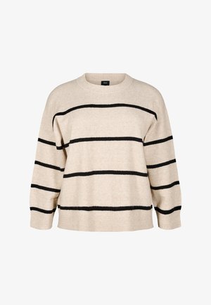 Beiger Pullover mit schwarzen horizontalen Streifen, rundem Halsausschnitt und langen Ärmeln. Aus weichem Stoff gefertigt, mit gerippten Bündchen und Saum.