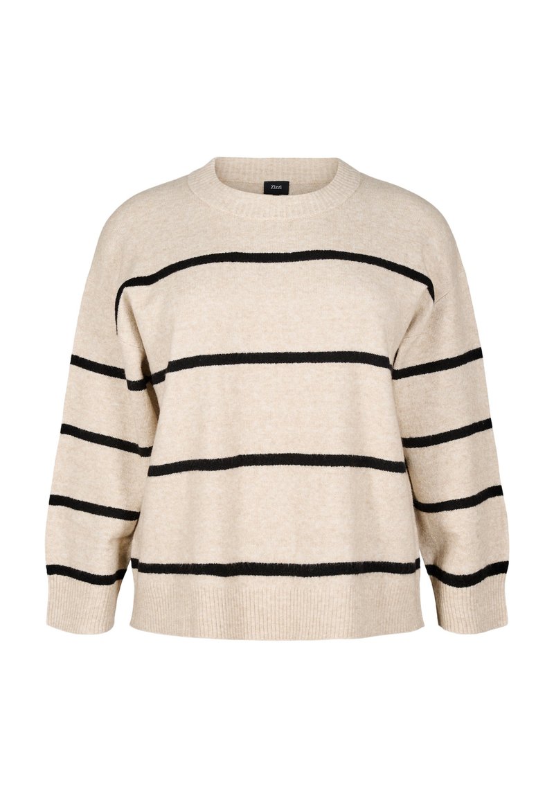 Beige sweater with black horizontal stripes, round neckline, and long sleeves. Crafted from soft fabric with ribbed cuffs and hem.