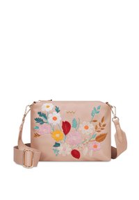 Bežová kožená crossbody taška s vyšívaným květinovým motivem v růžové, žluté a červené barvě. Nastavitelný popruh a zlaté kovové detaily.