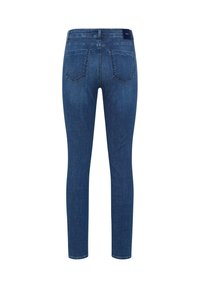 Slank jeans lavet af mørkeblå denim. Har to baglommer og syning detaljer. Stofdet har en glat tekstur med en let glans.