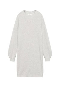Abito lavorato a maglia grigio chiaro con maniche lunghe e voluminose, scollo rotondo e taglio dritto, progettato per una vestibilità comoda.