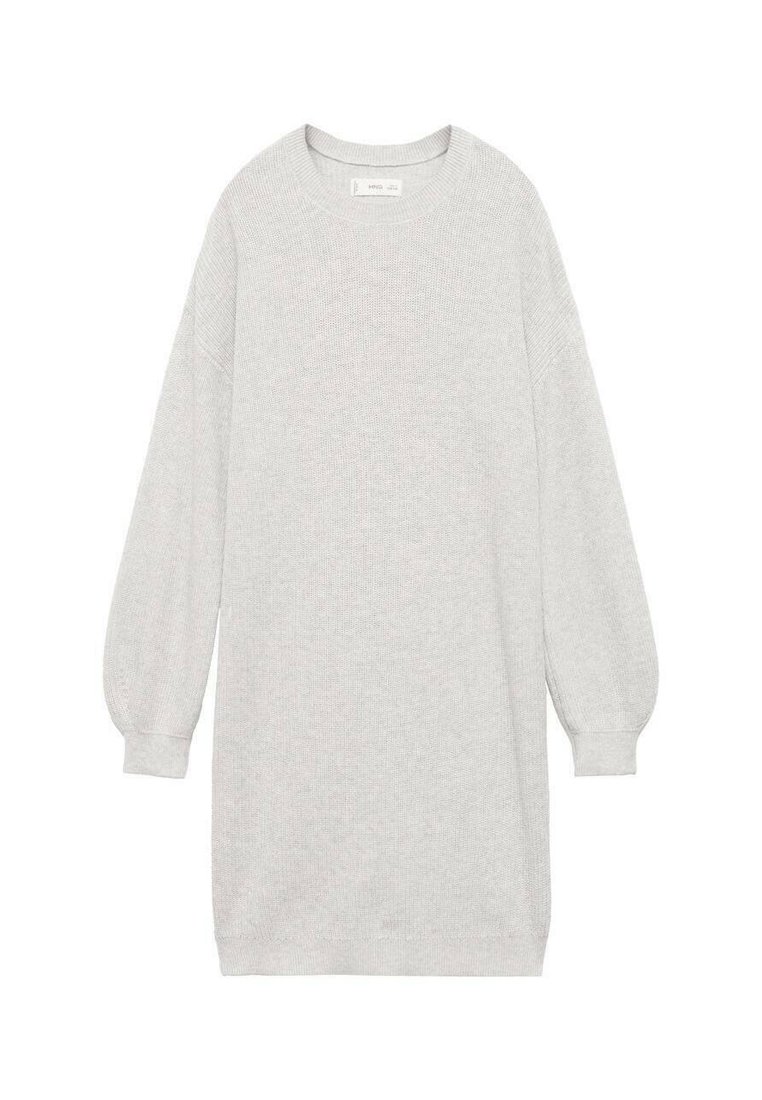 Abito lavorato a maglia grigio chiaro con maniche lunghe e voluminose, scollo rotondo e taglio dritto, progettato per una vestibilità comoda.