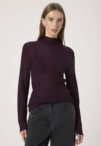 Tumši purpursarkans ripota turtlenecks džemperis ar garām piedurknēm, ar teksturētu, nedaudz caurspīdīgu adījuma rakstu un brīvu piegriezumu. Apvienots ar tumšiem biksēm.