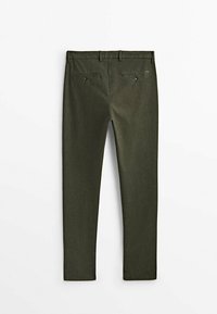 Slim-fit-olkivihreät housut, joissa on teksturoitu kangas, vetoketjullinen liepe, vyölenkit ja kaksi takataskua, joissa on napit.