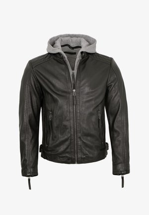 Schwarze Lederjacke mit vorderem Reißverschluss und Reißverschlusstaschen, mit angenähter grauer Stoffkapuze, die unter dem Kragen liegt.