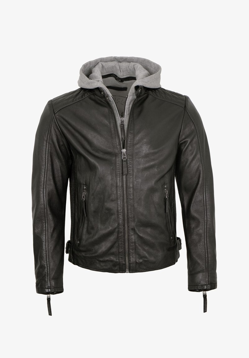 Black leather jacket with front zipper and zippered pockets, featuring an attached gray fabric hood layered underneath the collar.