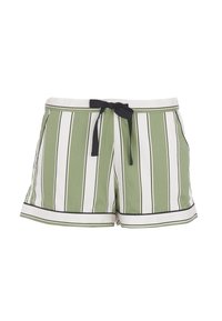 Groen en witte gestreepte shorts met een zwarte trekkoord, voorzien van een relaxte pasvorm, zijzakken en contrasterende bies aan de zoom.