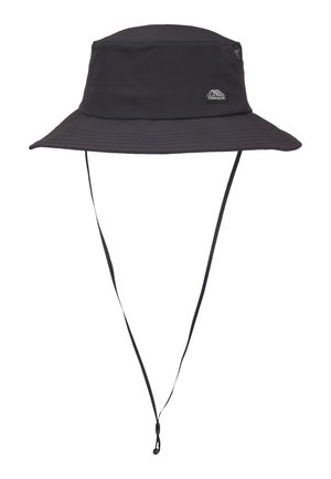 Czarny kapelusz typu bucket wykonany z miękkiego, elastycznego materiału. Posiada szerokie rondo, regulowany pasek pod brodą oraz małą naszywkę z logo po boku.
