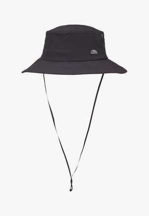 Cappello a secchiello nero realizzato in materiale morbido e flessibile. Presenta una tesa larga, un cinturino regolabile per il mento e una piccola toppa con logo sul lato.