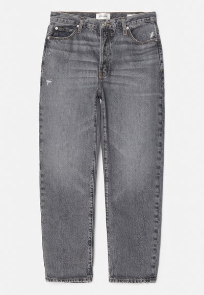 Jeans en denim gris avec une coupe droite, texture délavée, légère usure à l'avant et un design classique à cinq poches.