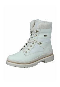 Weiße Leder-Stiefelette mit Kunstpelz-Futter, runder Zehenpartie, Metallösen und strukturierter Gummisohle. Seitlicher Logo-Akzent Nähe des Knöchels.