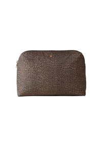 Schwarze und beige gemusterte Kosmetiktasche aus strukturiertem Material mit runder Form und goldfarbener Reißverschluss. 