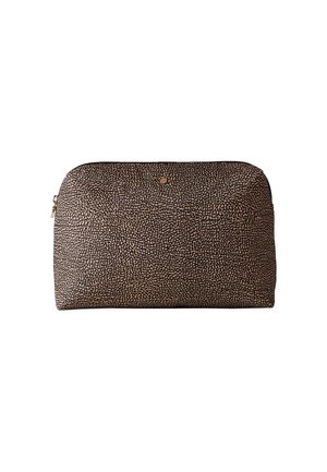 Black and beige patterned cosmetic bag made of textured material with a rounded shape and gold hardware zipper closure.