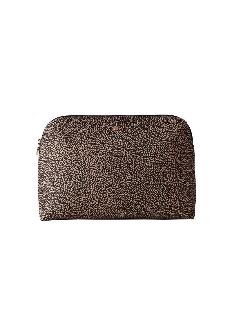 Schwarze und beige gemusterte Kosmetiktasche aus strukturiertem Material mit runder Form und goldfarbener Reißverschluss. 