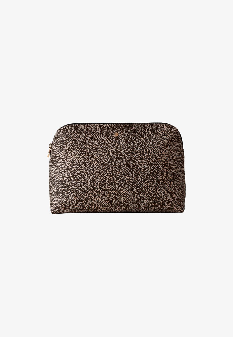 Trousse de maquillage noire et beige à motif, fabriquée en matériau texturé, de forme arrondie avec fermeture éclair en métal doré.