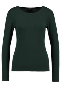 Ciemnozielony sweter z długim rękawem i okrągłym dekoltem. Wykonany z gładkiej, elastycznej tkaniny. Żebrowane mankiety i dół swetra dodają faktury i detali.