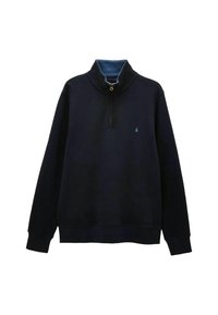Navy fleece-pullove sweatshirt. Ominna korkea kaulusta, puoliveto, ribbaus hihansuut ja pieni brodeerattu logo rinnassa.
