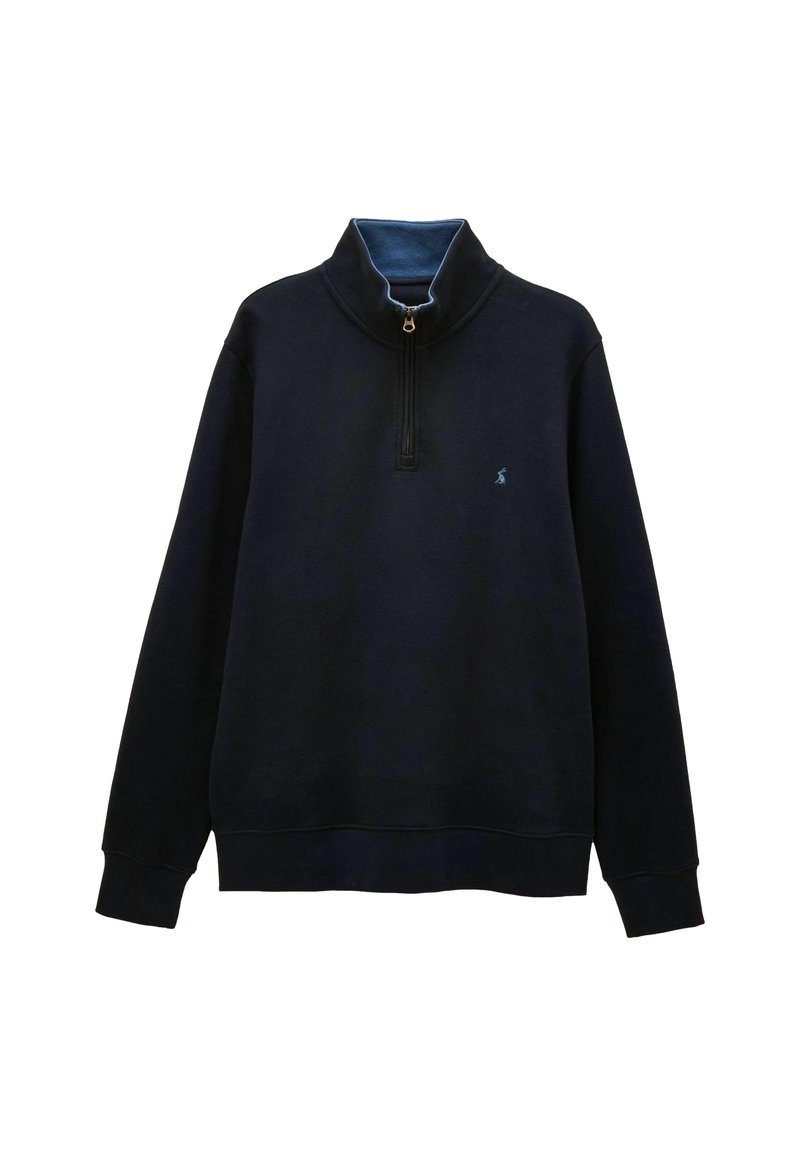 Navy fleece-pullove sweatshirt. Ominna korkea kaulusta, puoliveto, ribbaus hihansuut ja pieni brodeerattu logo rinnassa.