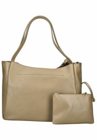 Borsa a tracolla in pelle beige con texture liscia e due manici lunghi, accompagnata da una piccola pochette abbinata con zip.