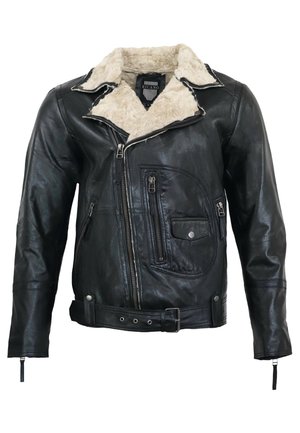 Sort læderjakke med lammeskindskrave, flere lynlåslommer, bælte i taljen og struktureret finish. Lynlåse detaljer på ærmerne.