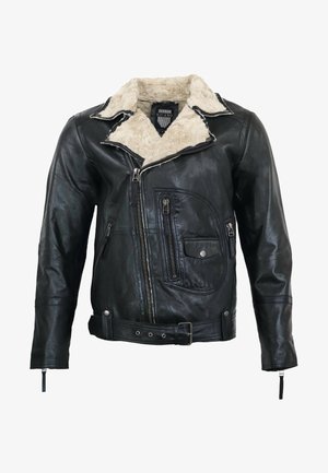 Sort læderjakke med lammeskindskrave, flere lynlåslommer, bælte i taljen og struktureret finish. Lynlåse detaljer på ærmerne.