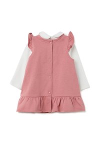 Robe en coton rose avec des manches courtes froncées, chemise intérieure blanche, fermeture à boutons dans le dos et ourlet froncé en bas.