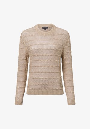 Beige gebreide trui met horizontaal streepmotief, ronde halslijn en geribde manchetten. Gemaakt van een textuurstof met een open weving.