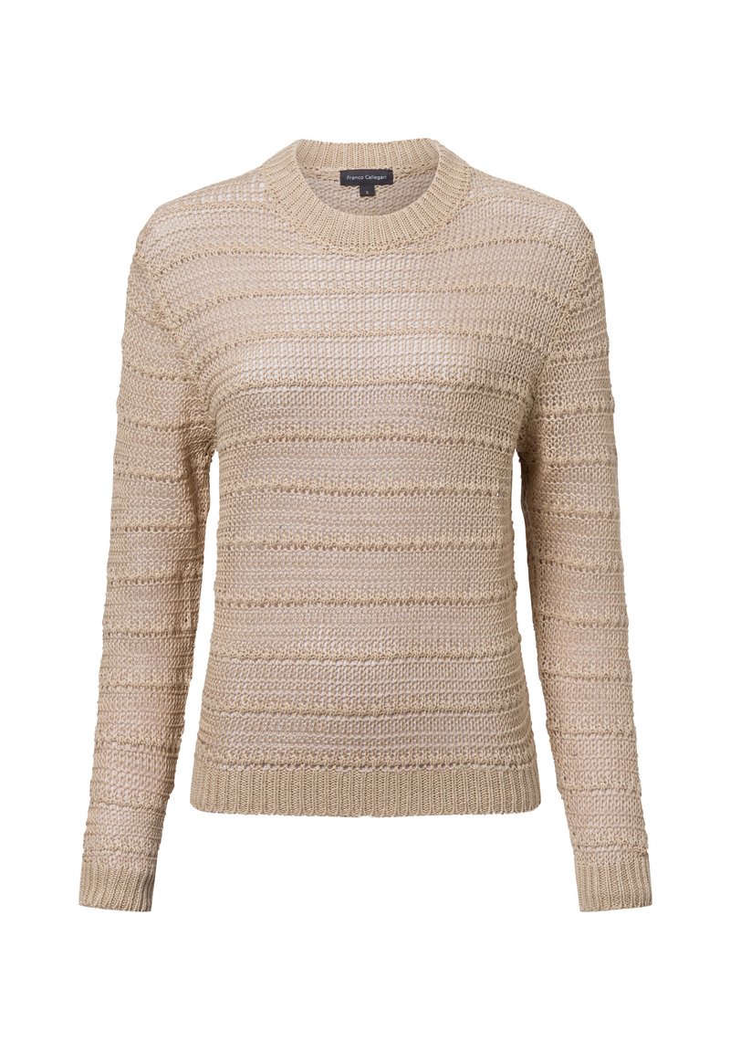 Beiger Strickpullover mit horizontalem Streifenmuster, rundem Ausschnitt und gerippten Bündchen. Hergestellt aus einem strukturierten Stoff mit offener Webart.