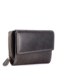 Mörkgrå läderplånbok med dragkedjestängning, knäppflik och framträdande sömmar. Har en logotyp präglad på sidan. Kompakt och rektangulär form.