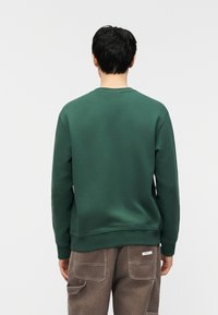 Άνδρ ας με κοντά σκούρα μαλλιά, φοράει απλό πράσινο φούτερ και καφέ παντελόνι, γυρισμένος πλάτη σε ανοιχτό γκρι φόντο.