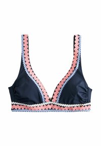 Mornarska bikini gornja strana s dubokim izrezom, koja ima sklopne rubove u ružičastoj, svijetloplavoj i bijeloj boji. Mekani materijal s nabranim detaljem sa strane.