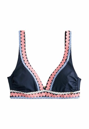 Jūras kara flotes bikini tops ar dziļu izgriezumu, ar rozā, gaiši zilu un baltu viļņu malām. Mīksts audums ar drapēšanas sānu detaļu.