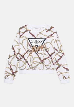 Weißer Sweatshirt mit Ketten- und Verschlussmuster, versehen mit einem schwarzen Dreieckslogo, das "GUESS" und "1981" in goldenen Akzenten zeigt.