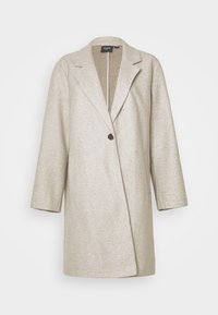 Beżowy płaszcz z mieszanki wełny z klapą z wycięciem, pojedynczym zapięciem na guzik i dwoma bocznymi kieszeniami. Tkanina ma miękkie, fakturowane wykończenie.