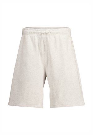 Pantaloni corti grigio chiaro, fino al ginocchio, realizzati in tessuto morbido con vita elastica e cordino regolabile; presentano un design semplice e liscio.