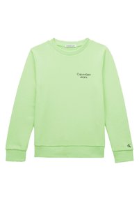 Svetle zelená mikina s žebrovaným výstřihem a manžetami. Na přední straně černé logo "Calvin Klein Jeans". Jednoduchý model na přetáhnutí přes hlavu.