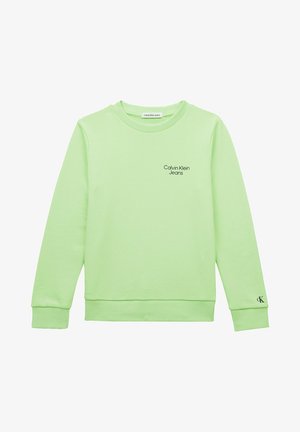 Sudadera verde claro con cuello y puños acanalados. Presenta el logo "Calvin Klein Jeans" en negro en el frente. Diseño simple de tipo pulóver.