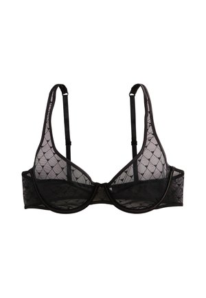 Soutien-gorge en dentelle noire transparente avec armatures et bretelles réglables, orné d'un motif de diamants et de cœurs sur les bonnets.