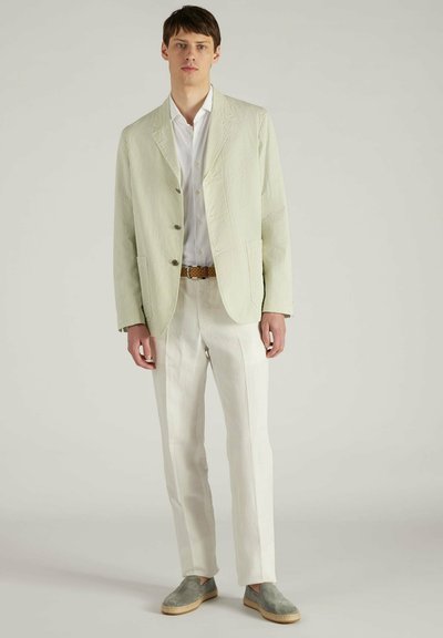 Blazer a righe verde chiaro sopra una camicia bianca, abbinato a pantaloni color crema e scarpe in suede grigio. Caratterizzato da un taglio rilassato e texture naturali.