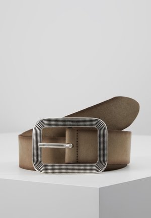 Brown suede belt with large rectangular silver buckle featuring a textured dotted pattern, coiled on a white surface.