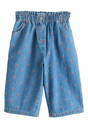 Kék alapon piros és zöld cseresznyemintás farmer rövidnadrág, rugalmas derékpánttal. Laza, könnyű viselet.