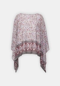 Blommönstrad poncho i ett lätt och genomskinligt tyg. Har lila och röda blommor på en vit bakgrund, kantad med intrikata detaljer.