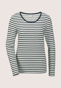 Langarmshirt in Creme mit marineblauen Streifen. Ausgestattet mit einem runden Halsausschnitt und engen Ärmeln. Der Stoff wirkt weich und elastisch.