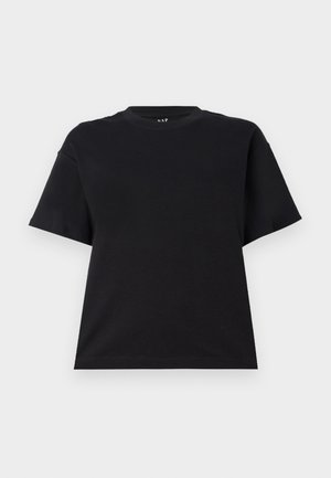 T-shirt noir à manches courtes en coton. Il présente un col rond, une coupe décontractée et un design simple sans motifs ni accents.