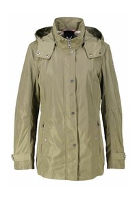 Olivgrüne wasserdichte Jacke mit Kapuze, Reißverschluss und Druckknopfverschluss, Seitentaschen und verstellbaren Bündchen. Glatte, glänzende Textur.