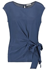 Blouse bleu marine sans manches avec encolure ronde et détail de nœud latéral à la taille, coupe ample.
