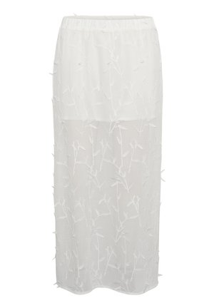 Fehér hálós midi szoknya virágos hímzéssel, rugalmas derékrésszel és félig átlátszó textúrával, amely réteges hatást kelt.